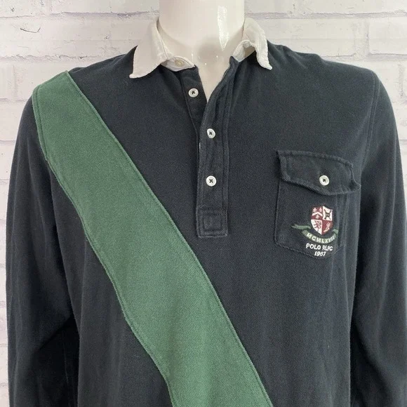 Polo Ralph Lauren Shirt Men's Large Rugby Polo Long Sleeve Crest Black Pocket - Picture 3 of 13